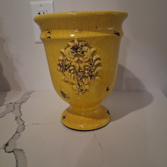 Yellow Terracotta-Style Crackle Glaze Ceramic Distressed 9" Decorative Planter - Picture 2 of 5